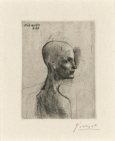 Artwork Buste d'homme (from 'La Suite des Saltimbanques' series) this artwork made of Drypoint on vergé ancient paper, created in 1905-01-01