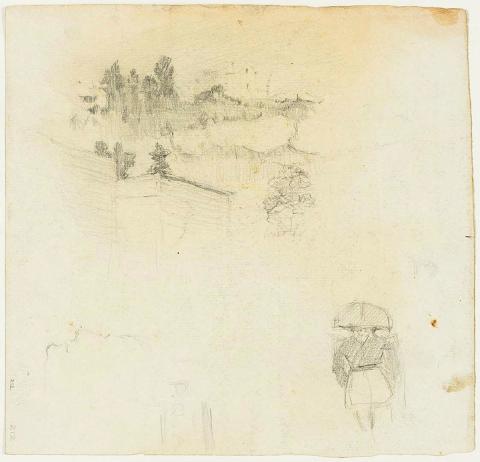 Artwork Landscape with two-storey house; Figure this artwork made of Pencil on paper, created in 1910-01-01