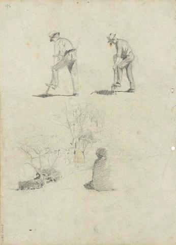 Artwork Men digging; Suggestion of Cowlishaw’s drive this artwork made of Pencil on sketch paper, created in 1916-01-01