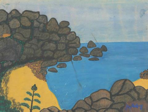 Artwork (Coastal landscape) this artwork made of Gouache on paper on board