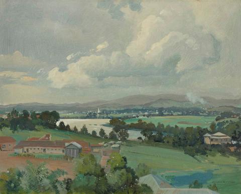 Artwork (Brisbane River, view to Graceville church) this artwork made of Oil on board, created in 1940-01-01