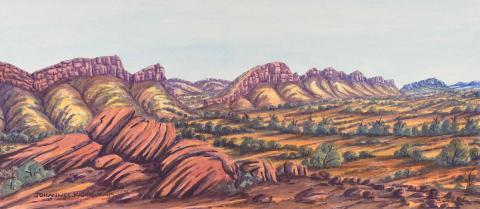 Artwork Other side of Twin Ghost Gums, MacDonnell Ranges this artwork made of Watercolour on paper with board backing, created in 2010-01-01