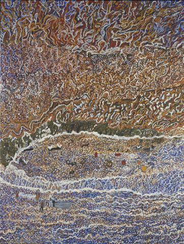 Artwork Dragging net at Less Creek this artwork made of Natural ochres and charcoal with acrylic binder on linen primed in synthetic polymer paint