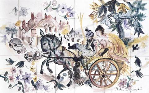 Artwork Tile panel:  The haycart this artwork made of Commercial earthenware tiles painted in polychrome overglaze colours, created in 1951-01-01