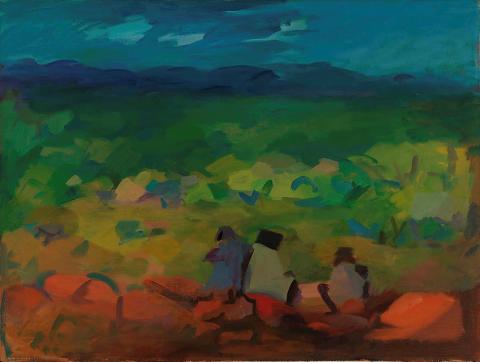 Artwork Northwest landscape with Aborigines this artwork made of Oil on canvas, created in 1955-01-01