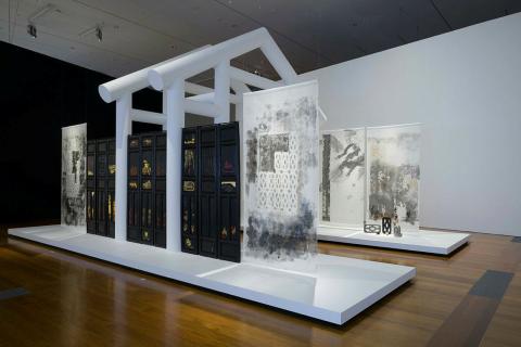 Artwork Echo this artwork made of Doors: Lacquer, gold and silver leaf, mineral pigment on wood
Silk paintings: Ink, calligraphy, synthetic polymer paint and embroidery on silk
Bricks: concrete, lacquer, gold foil