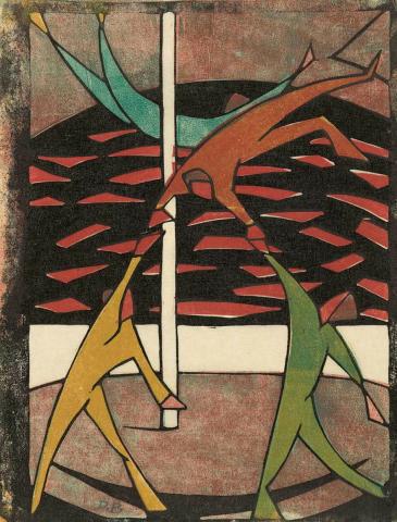 Artwork The Acrobats this artwork made of Colour linocut on thin cream paper, created in 1927-01-01