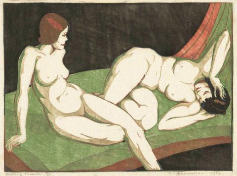 Artwork Resting models this artwork made of Colour linocut on buff tissue