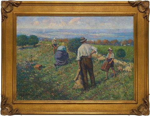 Artwork Pea gathering (Kurrajong Heights) this artwork made of Oil on canvas on board, created in 1918-01-01