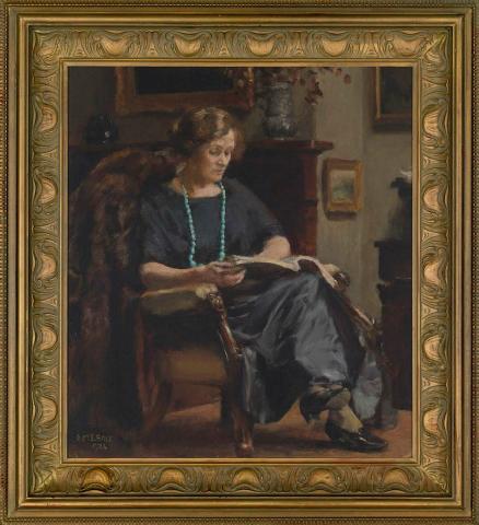 Artwork Woman reading this artwork made of Oil on canvas laid down on wood, created in 1924-01-01
