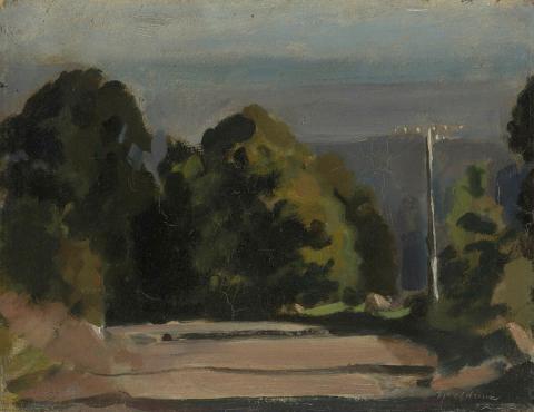 Artwork Long shadows, Olinda (Vic) this artwork made of Oil on cardboard, created in 1935-01-01