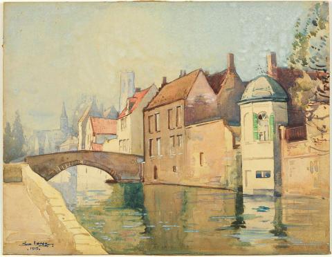 Artwork Canal scene, Bruges this artwork made of Watercolour over pencil on cardboard, created in 1913-01-01