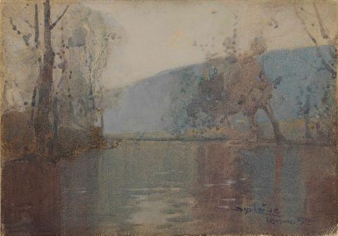 Artwork (River scene) this artwork made of Watercolour over pencil on cardboard, created in 1900-01-01