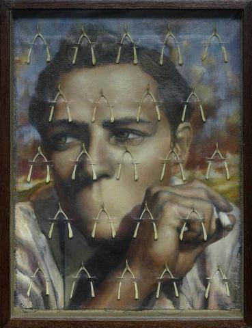 Artwork Lucky Strike this artwork made of Synthetic polymer paint and chicken bones on canvas with wooden box frame and beveled glass, created in 1996-01-01