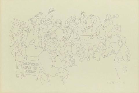 Artwork Danger, men at work this artwork made of Pen and purple ink on paperboard, created in 1975-01-01