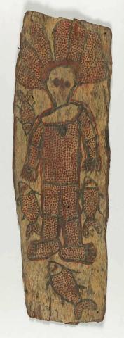 Artwork Wandjina/Kaiara figure with fish this artwork made of Wandjina/Kaiara figure with fish BUNGKUNI, Mickey c.1966-71 1966 1971 on eucalyptus bark, created in 1966-01-01