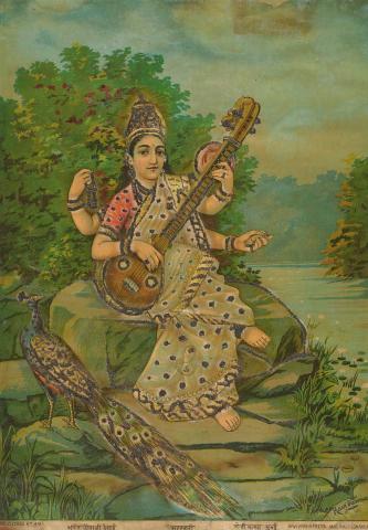 Artwork Sarasvati this artwork made of Oleograph with Bundaki embellishment, created in 1894-01-01
