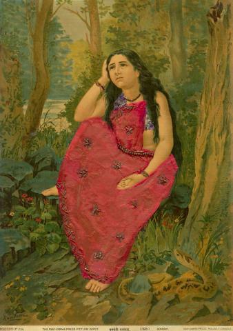 Artwork Damyanti Vanvaas this artwork made of Oleograph with Zardosi embroidery, created in 1894-01-01