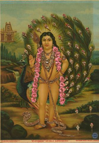 Artwork Sri Bala Subrahmanya  this artwork made of Oleograph with Zardosi embroidery, created in 1894-01-01