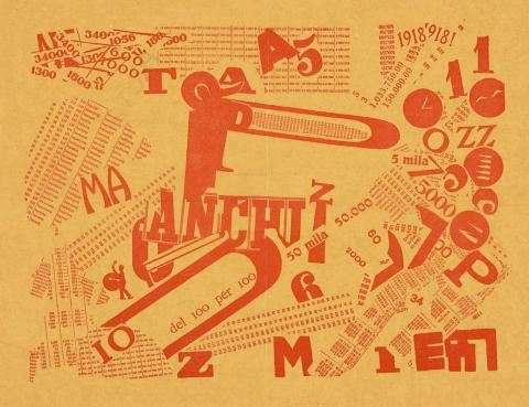 Artwork Une Assemblée tumultueuse. Sensibilité numérique. (A Tumultuous Assembly. Numerical Sensibility) this artwork made of Letterpress print in red on yellow paper, created in 1919-01-01