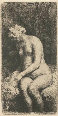 Artwork Woman bathing her feet at a brook this artwork made of Etching and drypoint, created in 1658-01-01