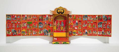 Artwork Untitled (Kaavad shrine) this artwork made of Carved wood with synthetic polymer paint, metal hinges, created in 2015-01-01