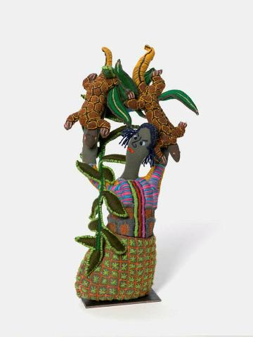 Artwork Woman with bush tucker and goannas this artwork made of Recycled woollen blankets, natural dye, wool and acrylic yarn, created in 2018-01-01