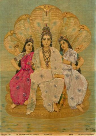 Artwork Sheshnarayan this artwork made of Oleograph with Zardosi embroidery, created in 1894-01-01