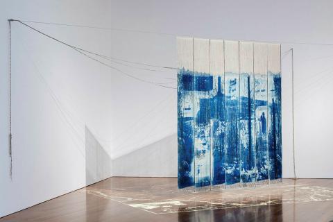 Artwork Seabird Habitats this artwork made of Linen (plainwoven warp-faced pick-up patterns, four-selvedged cloth), lead, hook, slide projection, created in 2022-01-01