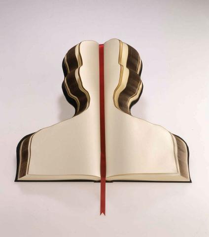 Artwork Open book this artwork made of Cloth hard cover, with cream paper, brown edge and ribbon, created in 1994-01-01