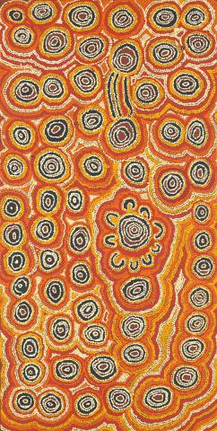 Artwork Untitled (Tjanpakulung) this artwork made of Synthetic polymer paint on Belgian linen, created in 2004-01-01