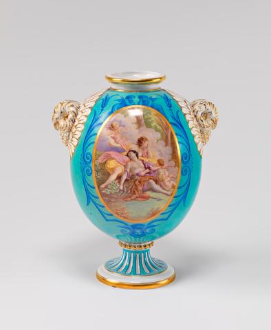 Artwork Vase this artwork made of Hard-paste porcelain with owl mask handles and polychrome rococo revival panels reserved from the bright aqua ground.  Gilt and royal blue details, created in 1850-01-01
