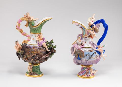 Artwork Pair of ewers:  Earth and air this artwork made of Hard-paste porcelain elaborately modelled with figures, foliage, animals, birds, etc. after scenes in classic mythology.  Polychrome enamel and gilt, created in 1840-01-01