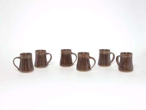 Artwork Six mugs this artwork made of Stoneware, thrown with carved fluted decoration and salt glazed, created in 1981-01-01