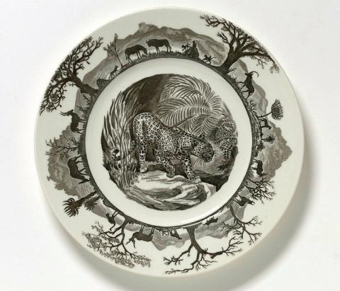 Artwork Commemorative plate for Kruger National Park this artwork made of Earthenware, printed with a sepia scene of a leopard in Kruger National Park, created in 1950-01-01