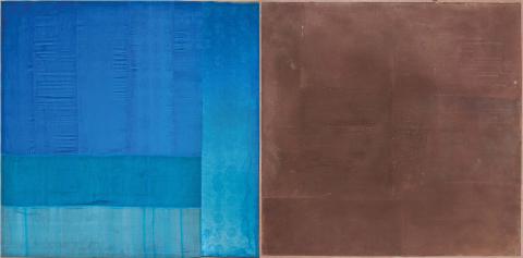 An abstract painting with one bright blue square at left and one brown square at right.