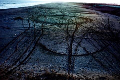 A chromatic development print of a dark beach with car track marks like veins all over the sand, and the ocean in the distance.