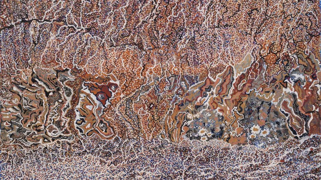 A painting made in natural pigments depicting abstract waterways.