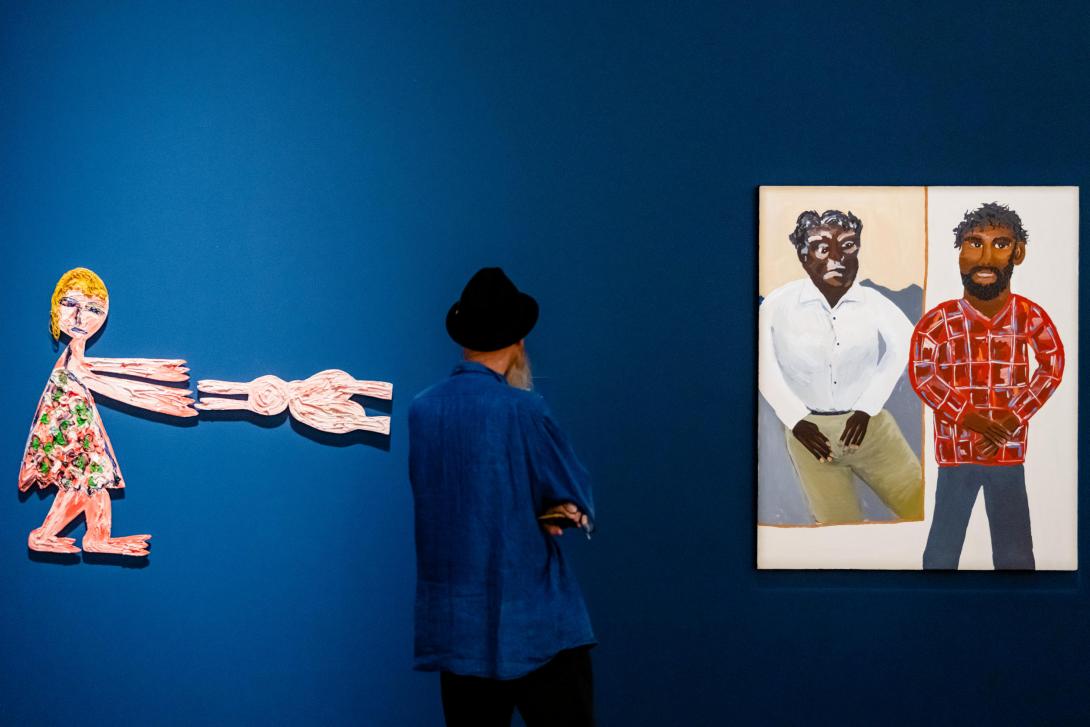 An installation view from ‘Looking Out, Looking In’ featuring Davida Allen's Mother swinging her baby 1989 / © Davida Allen and Vincent Namatjira's Albert and Vincent 2014 / © Vincent Namatjira/Copyright Agency, QAG, March 2023 / Photograph: J Ruckli, QAGOMA