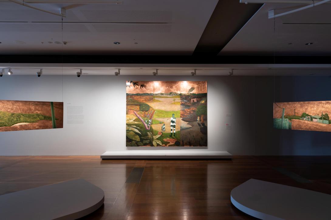 An installation view of works on copper in a gallery space