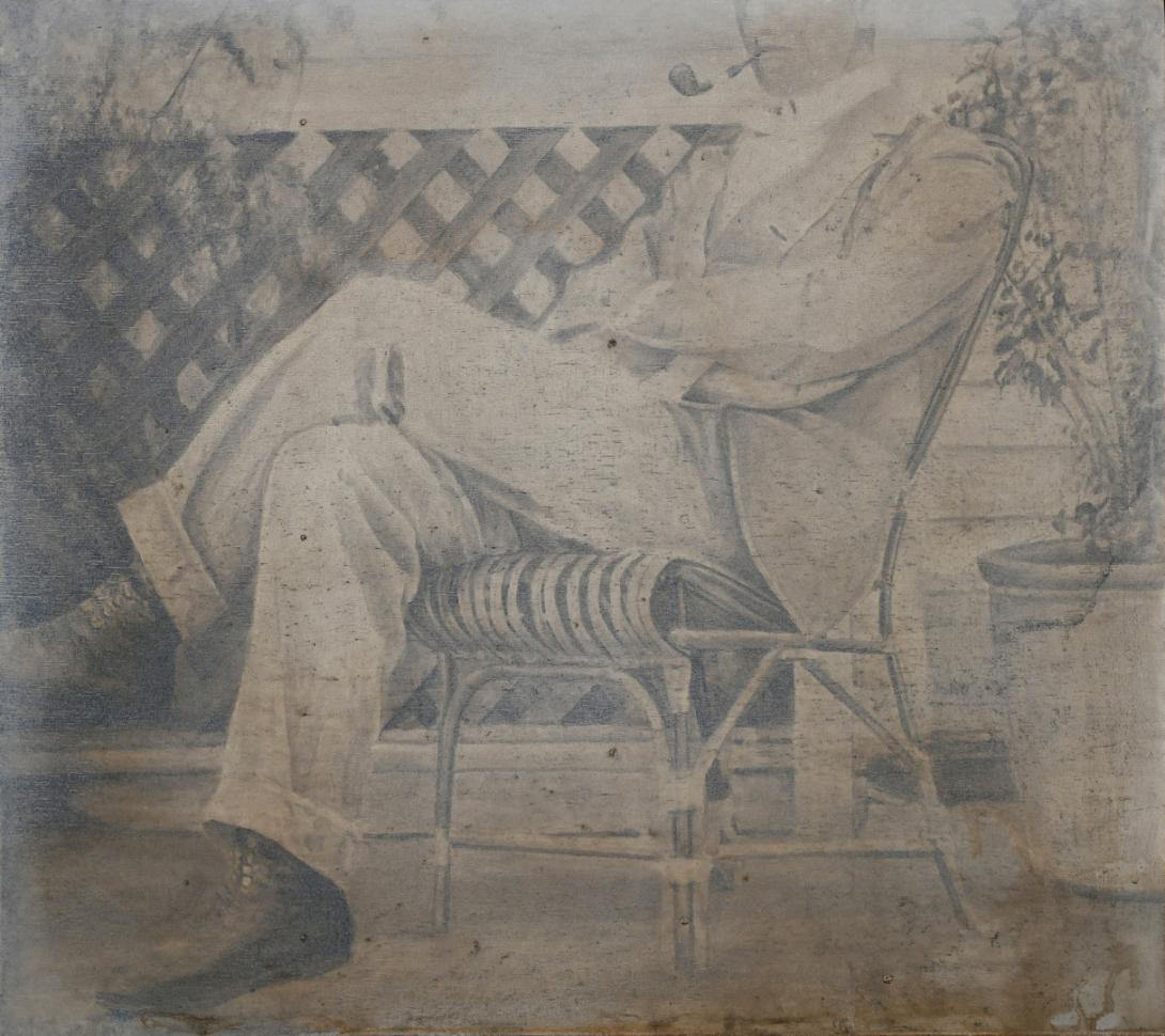 A sepia-toned painting of a male European settler seated comfortably in an outdoor setting. The top of the image ends halfway up his face. 