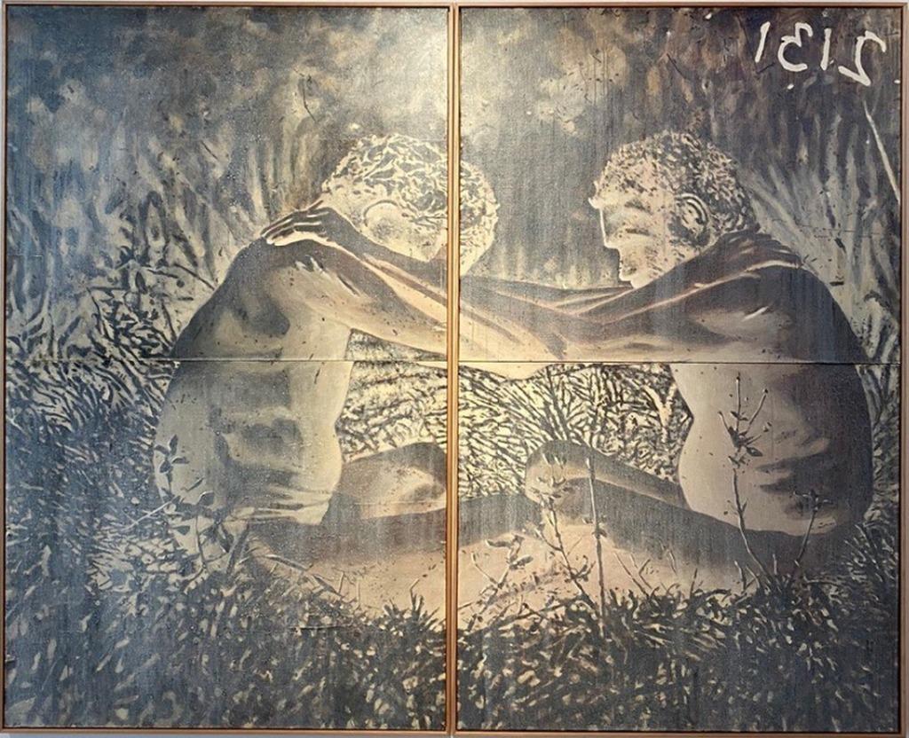 A golden sepia-toned painting, set in a tropical landscape, of two First Nations Australian men seated cross-legged, facing each other, with their heads bowed and arms outstretched, hands resting on each other's shoulders