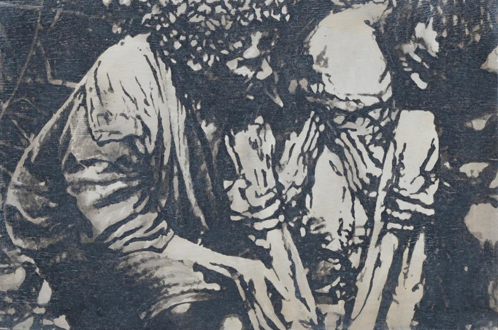 A sepia-toned painting of an historical photograph, showing two First Nations Australian men, seated at their work.