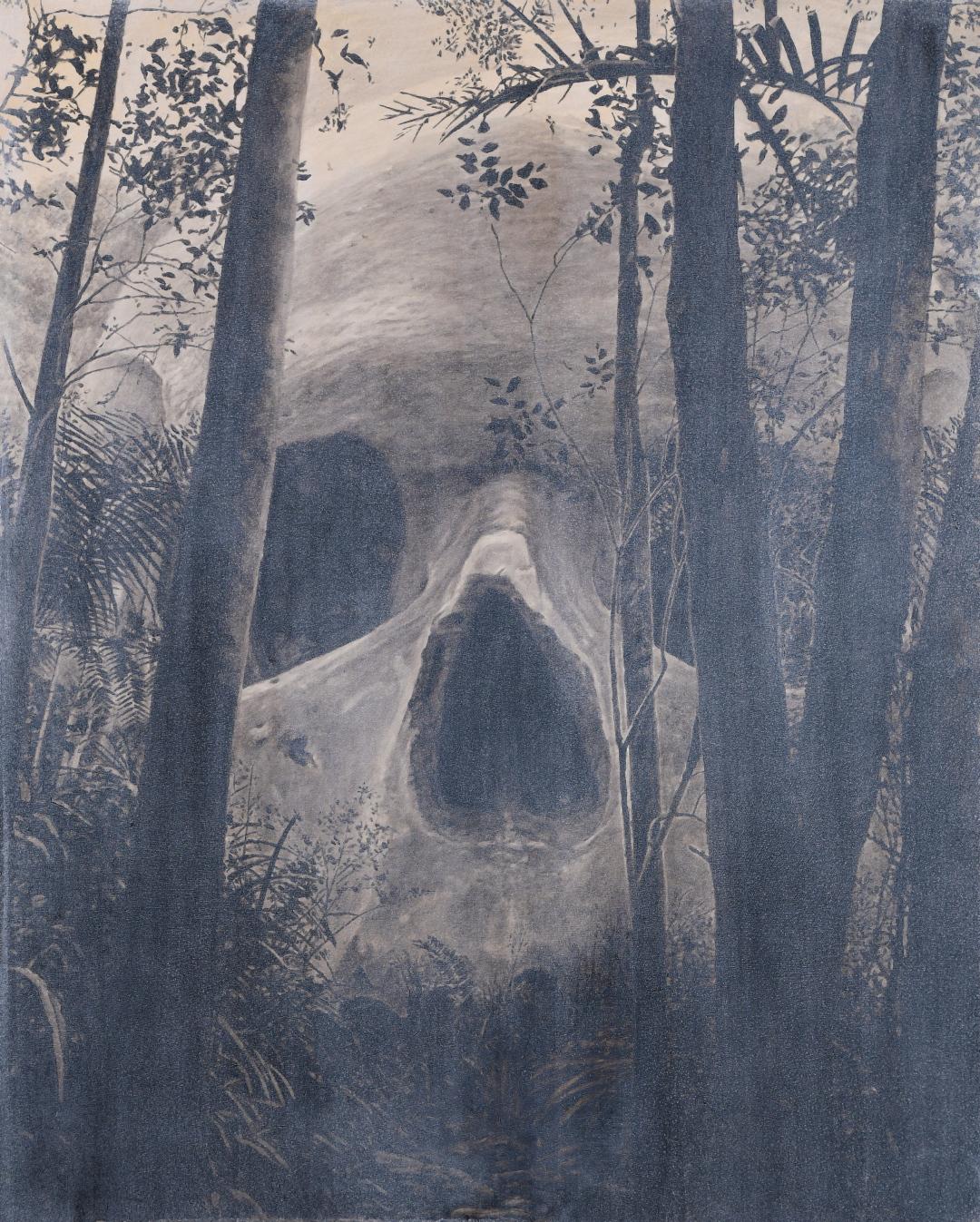 A sepia-toned painting of the trunks of tall trees in a forest setting, through which a large skull can be seen in the background, appearing to be part of the landscape