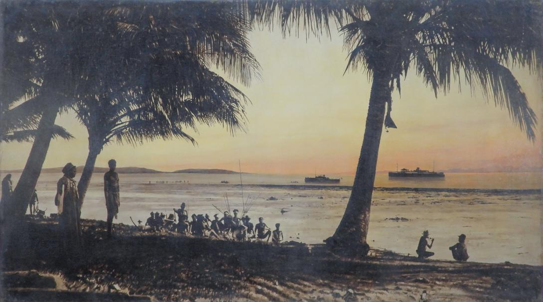 First Nations Australians gather on the waterfront among towering palm trees, looking on as two European boats draw closer, sailing towards the surf.