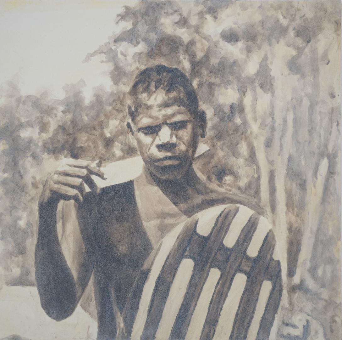 A sepia-toned painting of an historical image of a First Nations Australian man holding a painted shield, sword resting over his shoulder, gazes directly at the viewer.