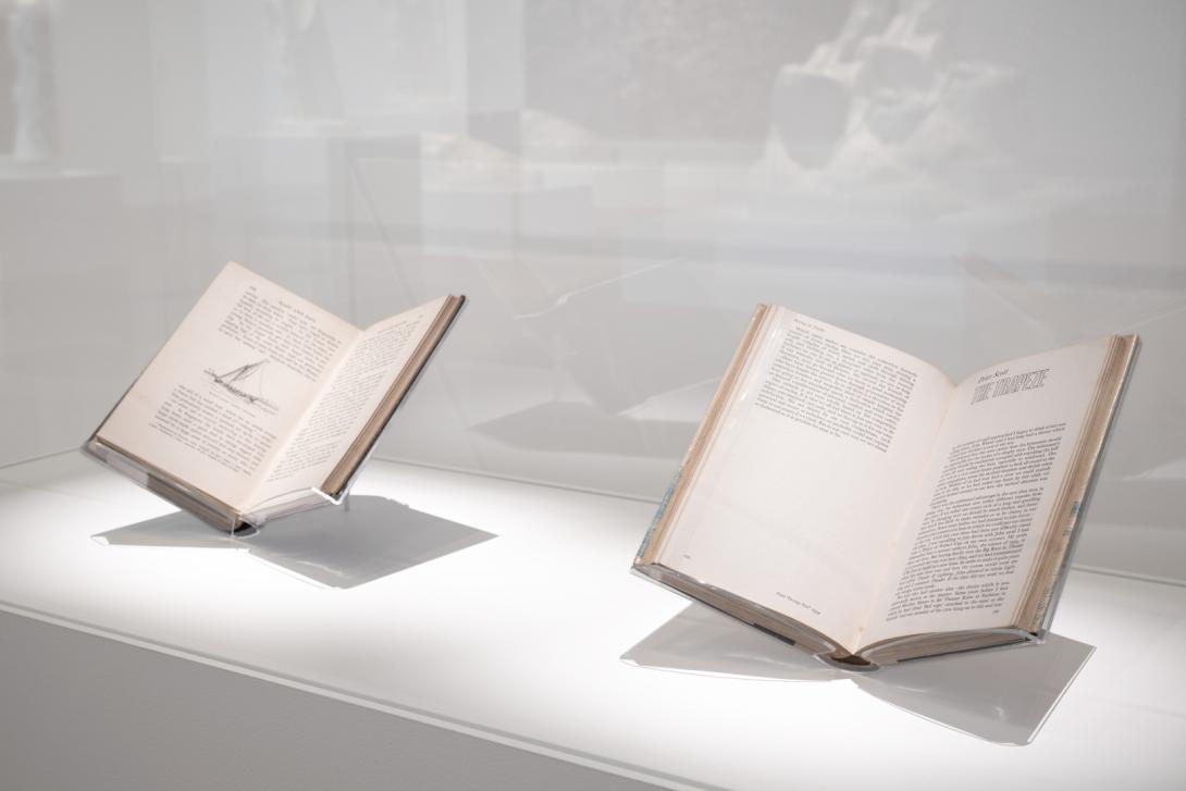 Two books installed in a gallery cabinet in a brightly lit space