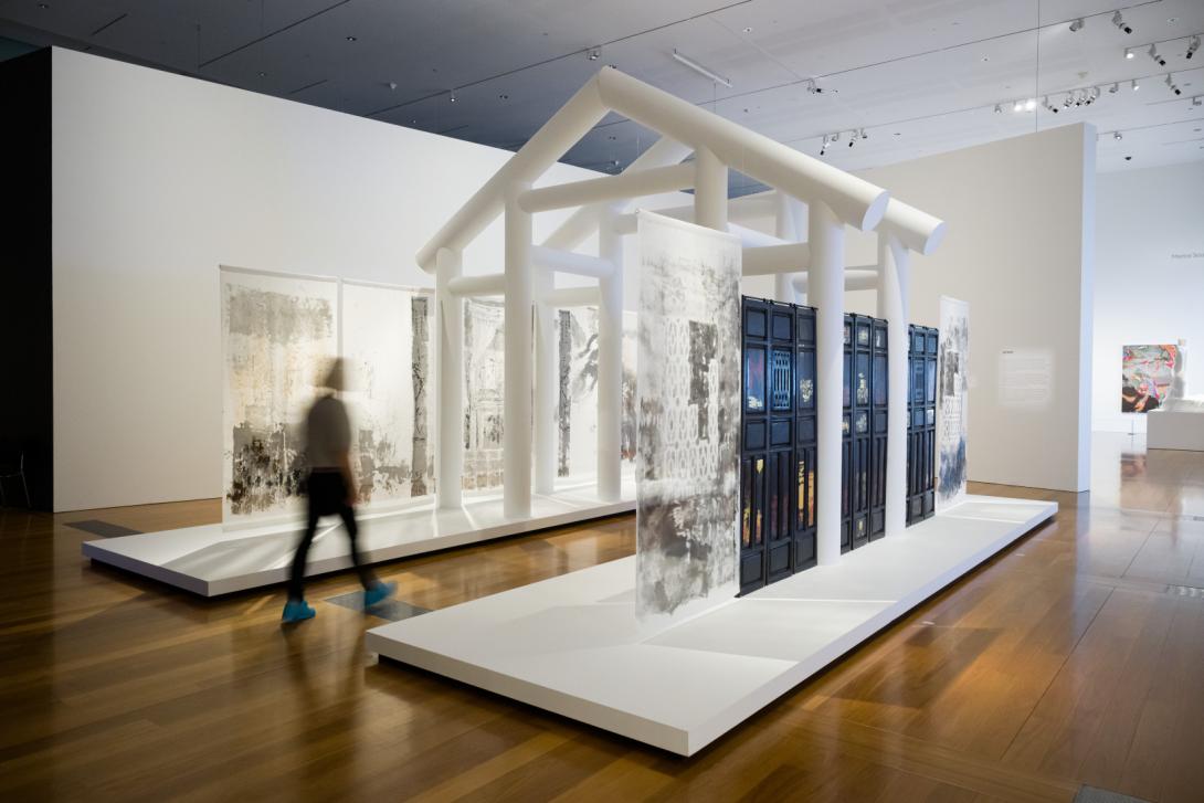 An installation taking the form of an abstracted house within a gallery space