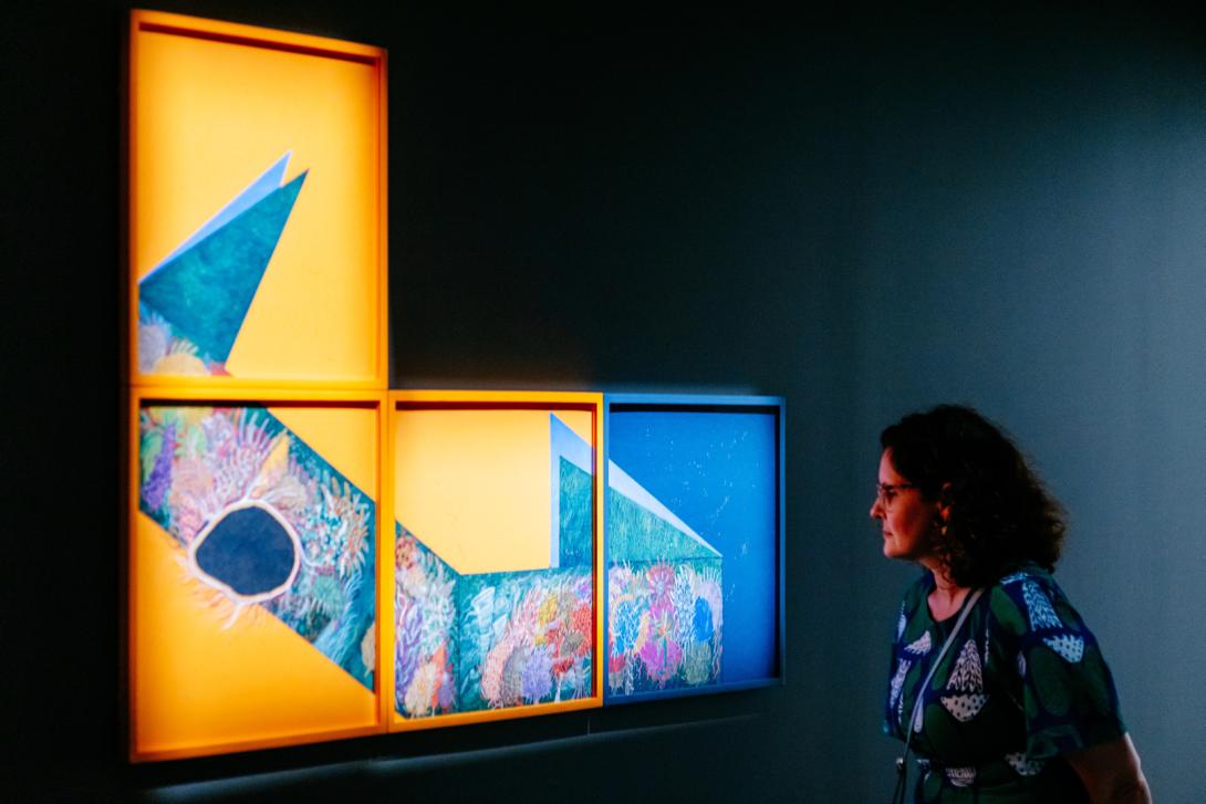 A visitor views an abstract and brightly coloured painting installed in a dimmed gallery space