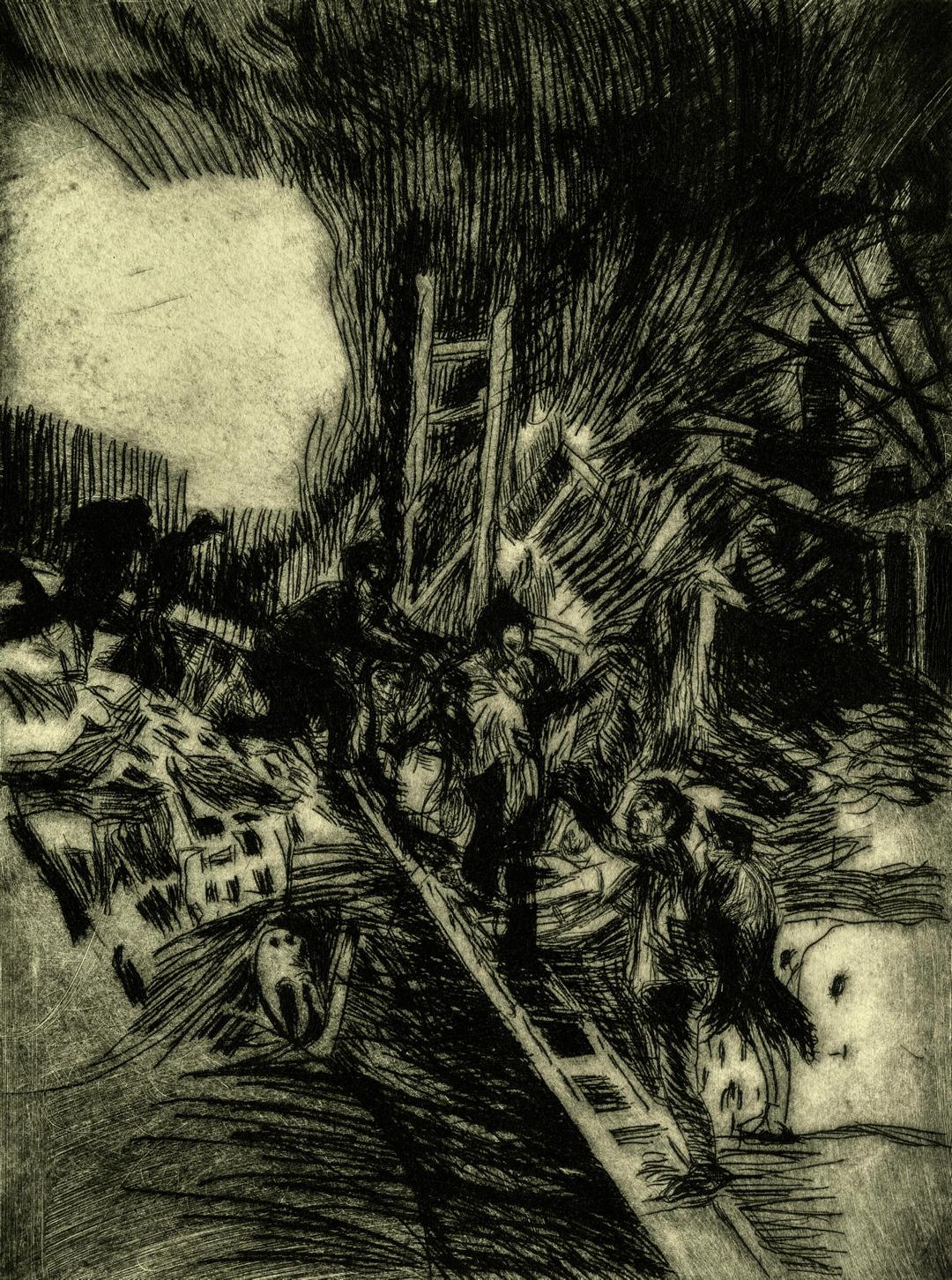 A dark-toned, grey-scale drypoint print depicting many ladders, which seem to cross or tangle, with shadowy figures climbing them